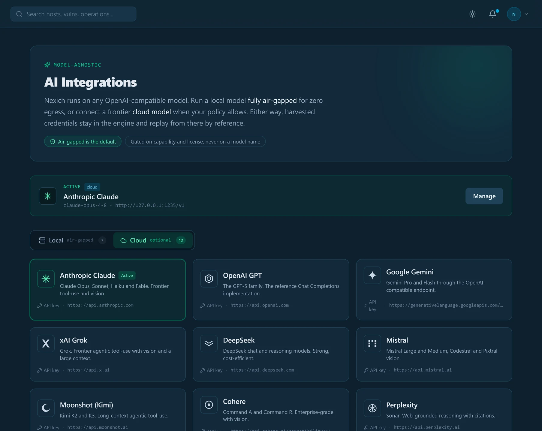The model-agnostic AI Integrations screen: local and cloud providers in one place.