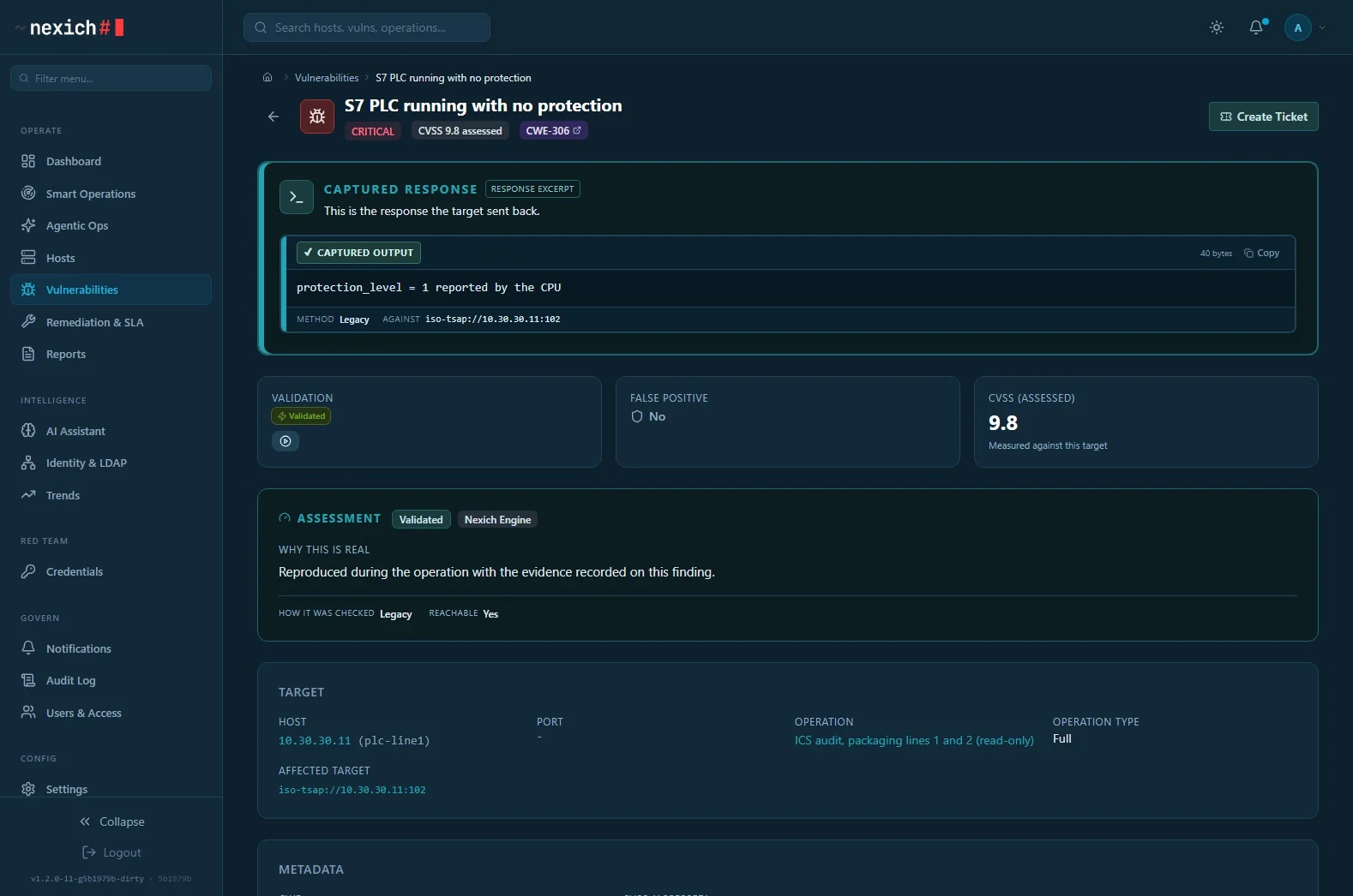 A finding detail page: an S7-1500 reporting protection level 1, read from a diagnostic list, with the exact exchange and a reproduction the operator can run.